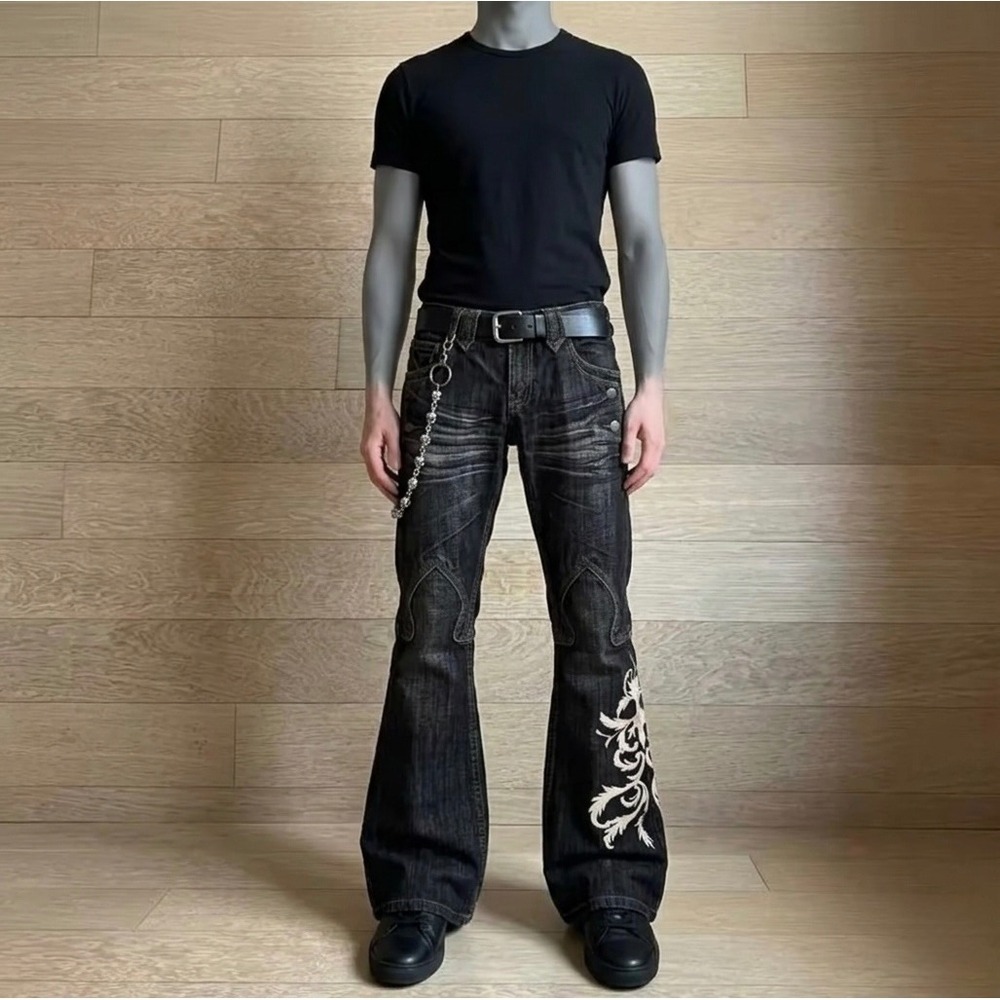 Vintage Y2K Flared Jeans Mens Dark Wash Embroidered Bell Bottoms Skull Chain - Picture 3 of 3